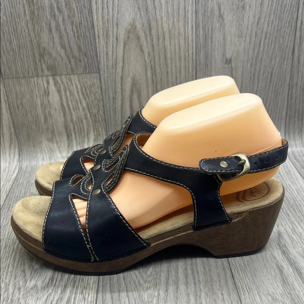 Dansko Black and Tan Wedge Sandals